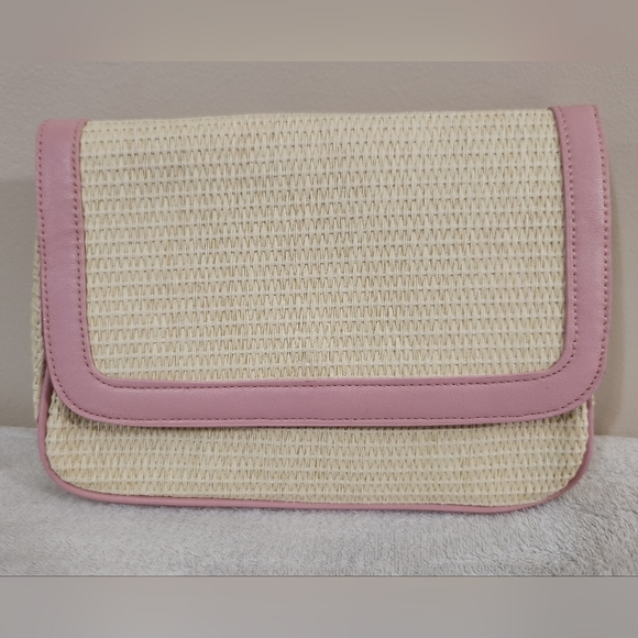Lancome Handbags - Lancome Straw Cosmetic Pouch With Pink Trim
